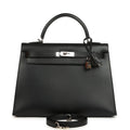 Vintage Hermes Kelly Sellier 32 Black Tadelakt Palladium Hardware