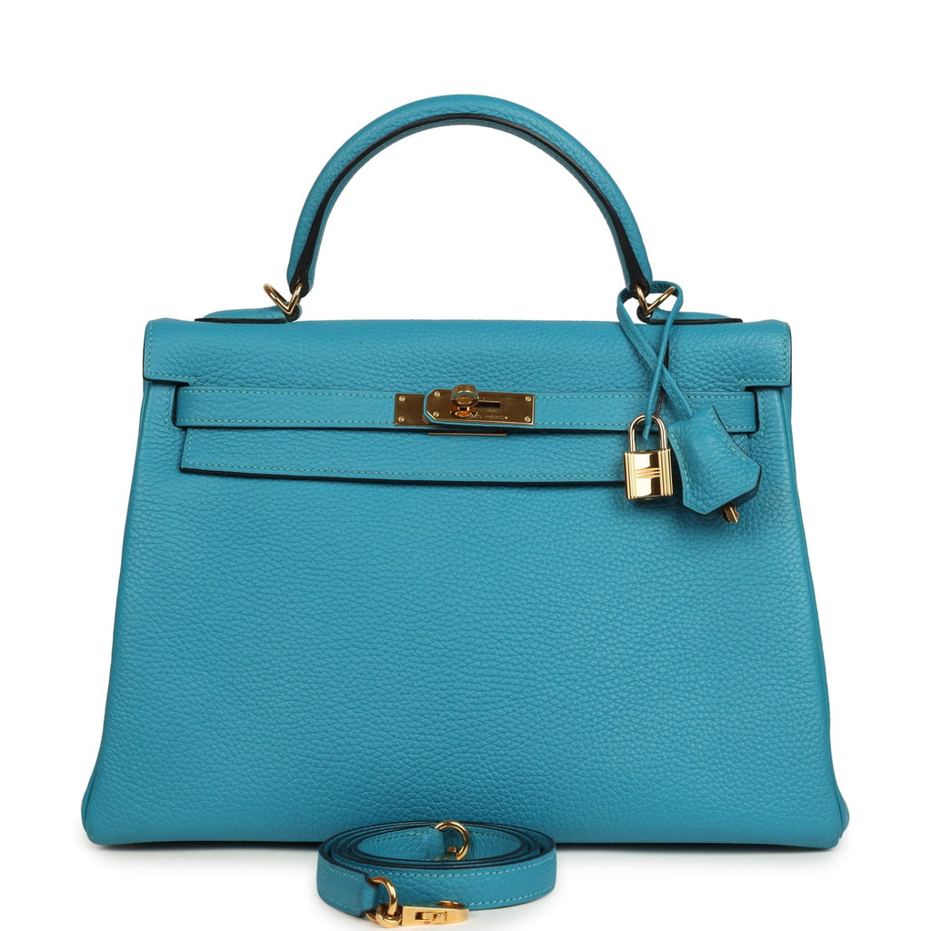 Pre-owned Hermes Kelly Retourne 32 Turquoise Clemence Gold Hardware
