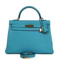 Pre-owned Hermes Kelly Retourne 32 Turquoise Clemence Gold Hardware