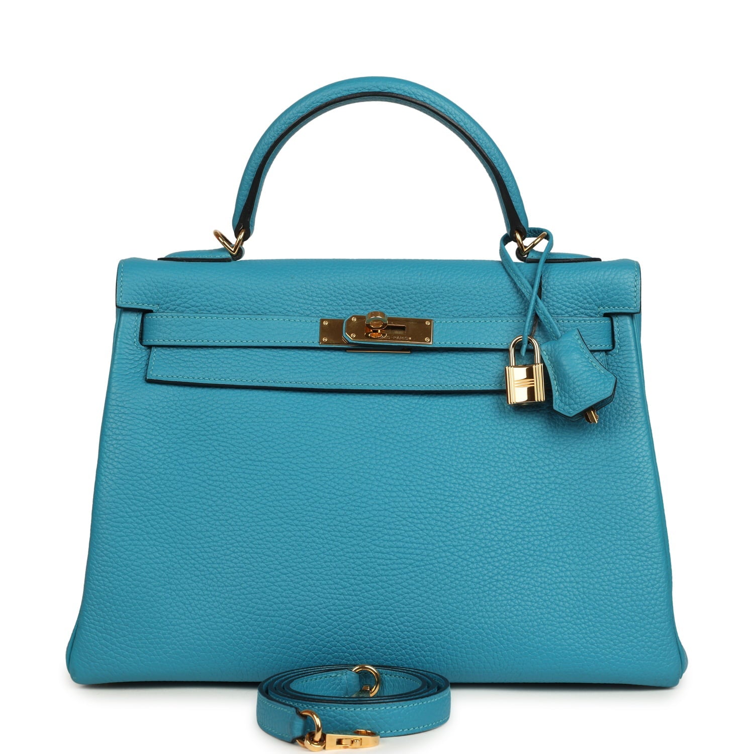 Pre-owned Hermes Kelly Retourne 32 Turquoise Clemence Gold Hardware