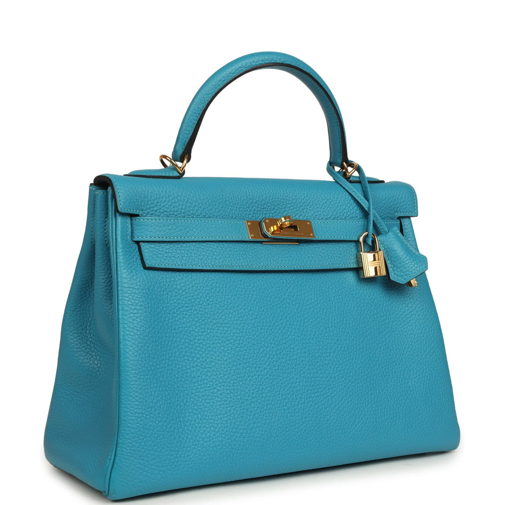 Pre-owned Hermes Kelly Retourne 32 Turquoise Clemence Gold Hardware