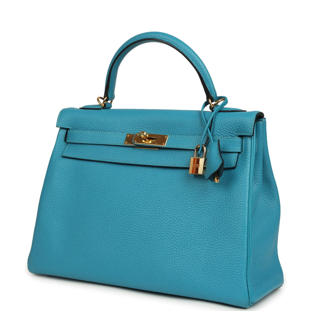 Pre-owned Hermes Kelly Retourne 32 Turquoise Clemence Gold Hardware
