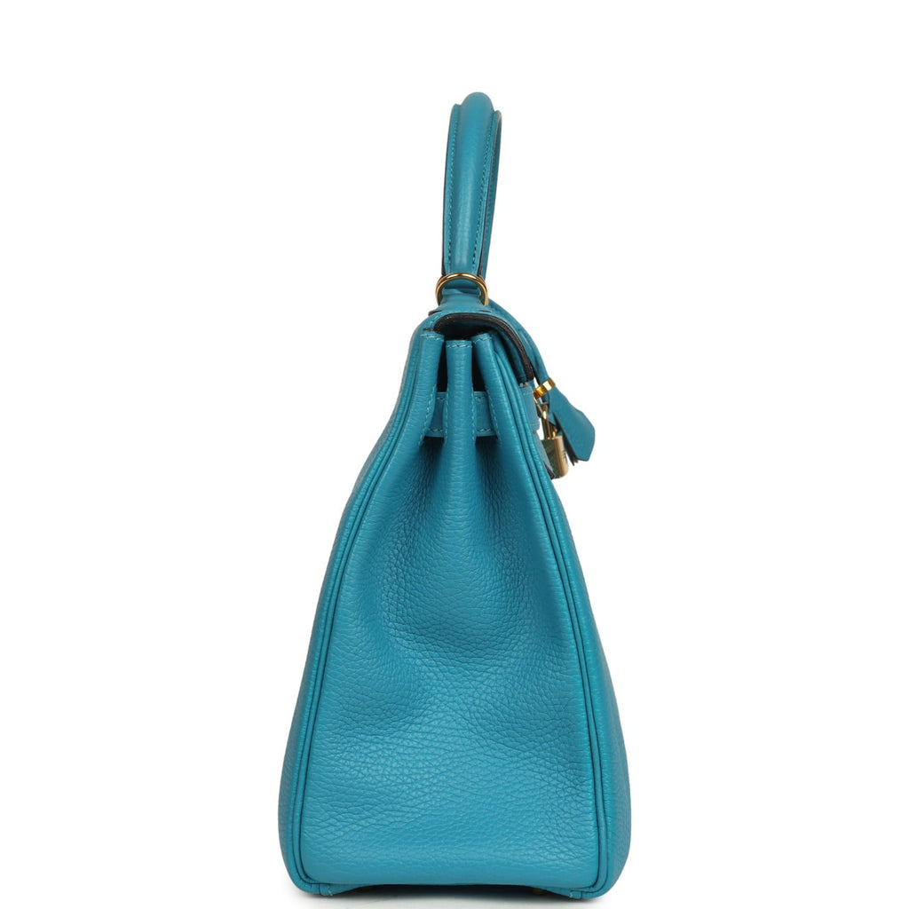 Pre-owned Hermes Kelly Retourne 32 Turquoise Clemence Gold Hardware