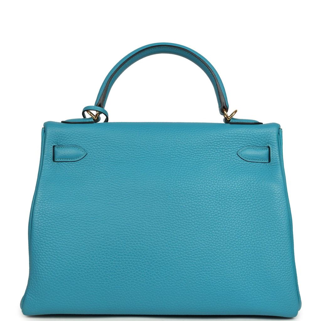 Pre-owned Hermes Kelly Retourne 32 Turquoise Clemence Gold Hardware
