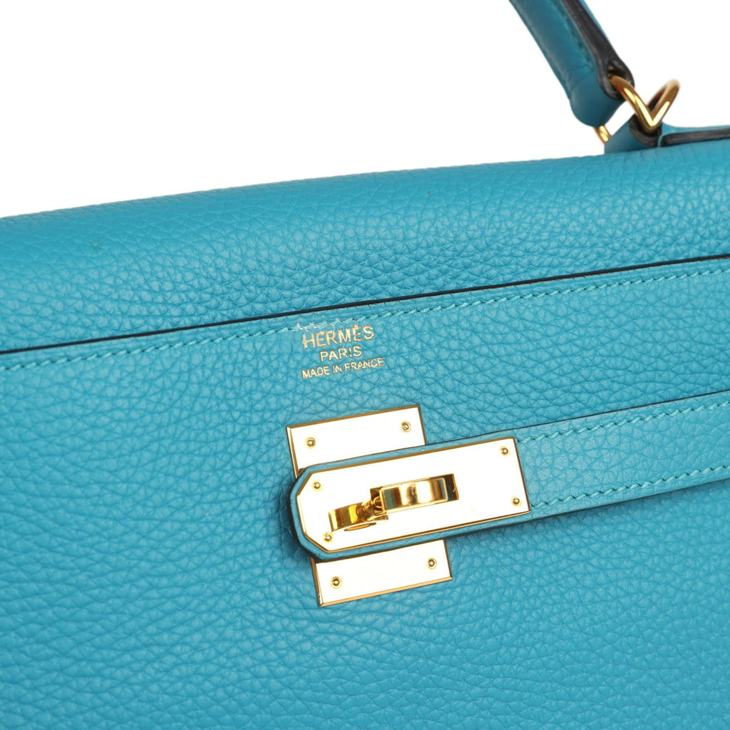 Pre-owned Hermes Kelly Retourne 32 Turquoise Clemence Gold Hardware