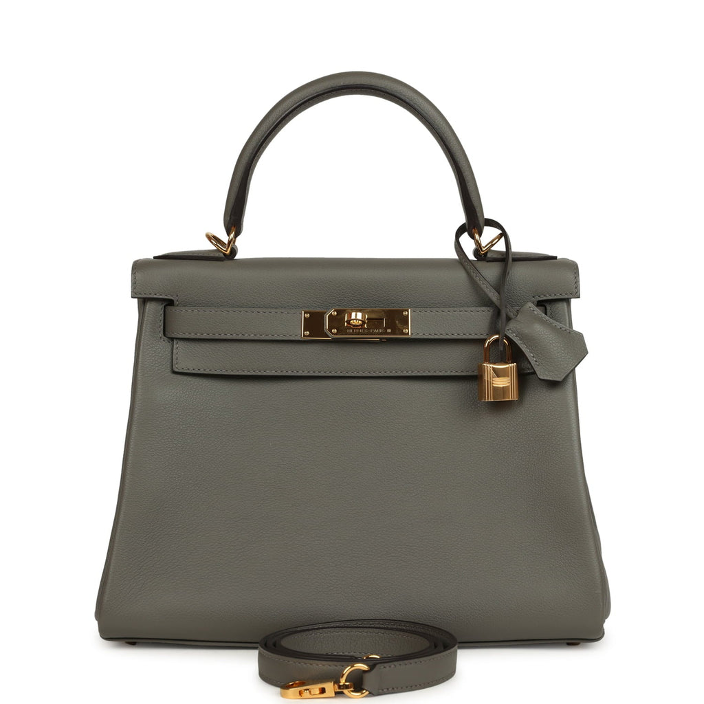 Pre-owned Hermes Kelly Retourne 28 Gris Meyer Evercolor Gold Hardware