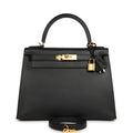 Pre-owned Hermes Kelly Sellier 28 Black Sombrero Gold Hardware