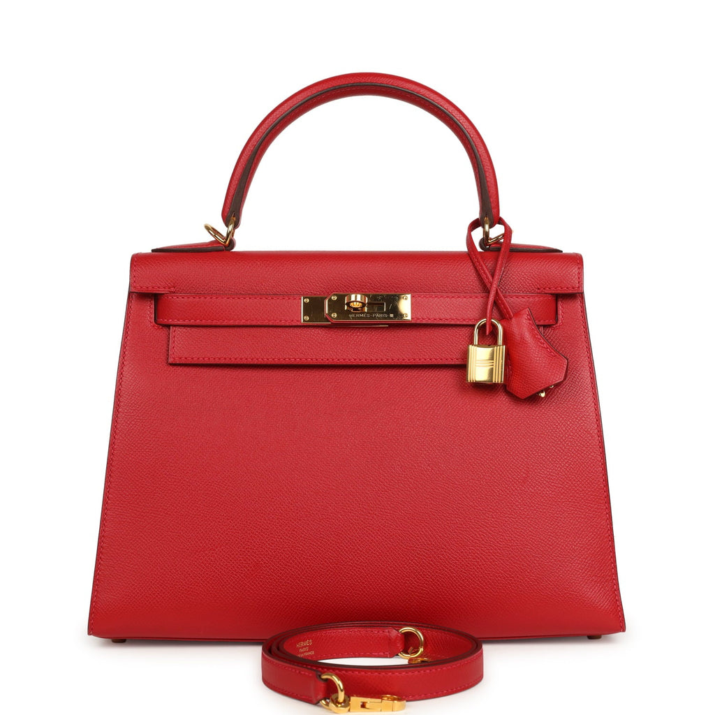 Pre-owned Hermes Kelly Sellier 28 Rouge Casaque Epsom Gold Hardware