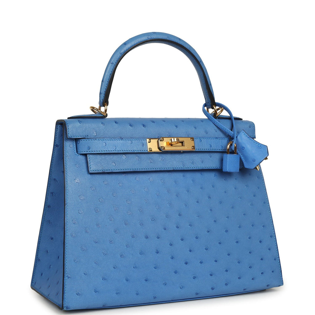 Pre-owned Hermes Kelly Sellier 28 Bleuet Ostrich Gold Hardware