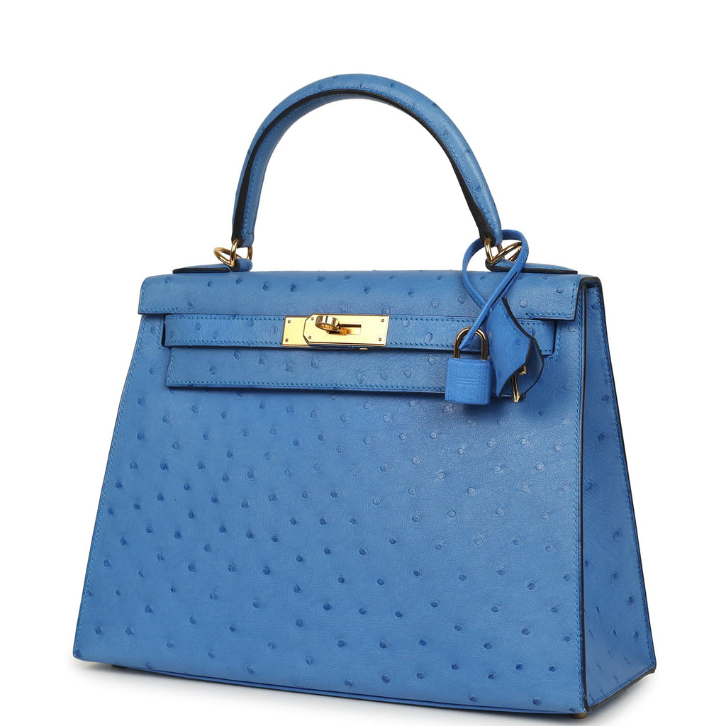 Pre-owned Hermes Kelly Sellier 28 Bleuet Ostrich Gold Hardware