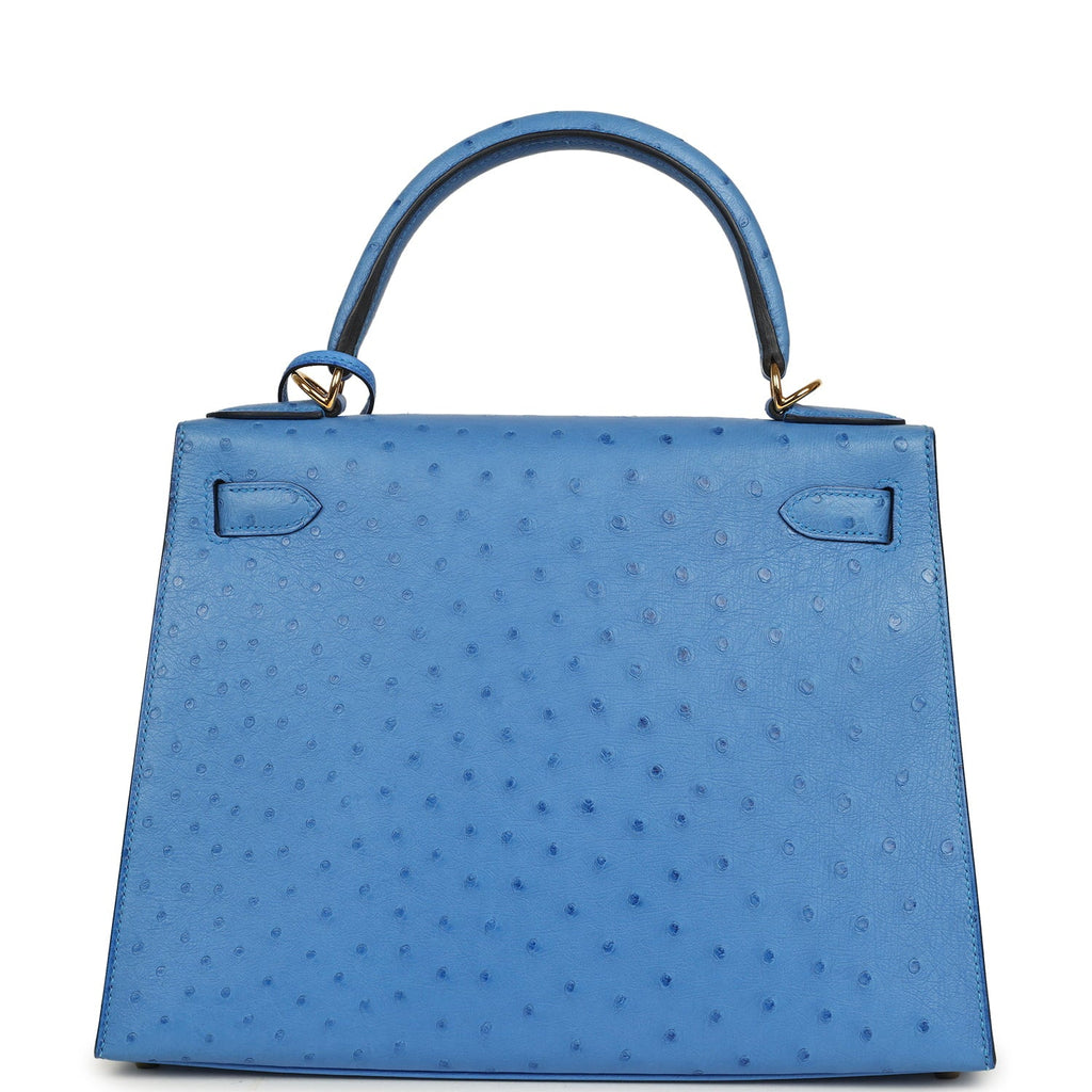 Pre-owned Hermes Kelly Sellier 28 Bleuet Ostrich Gold Hardware