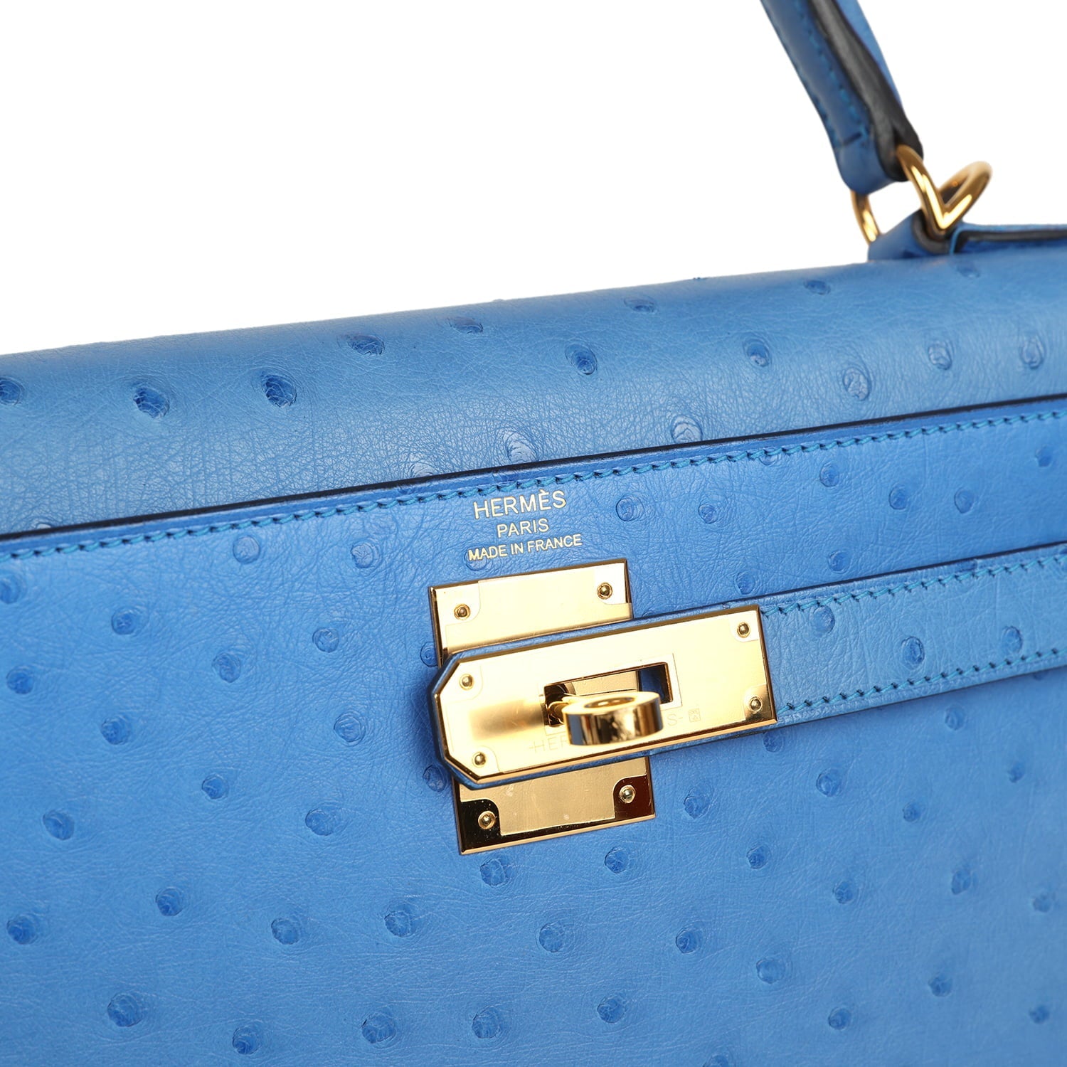 Pre-owned Hermes Kelly Sellier 28 Bleuet Ostrich Gold Hardware