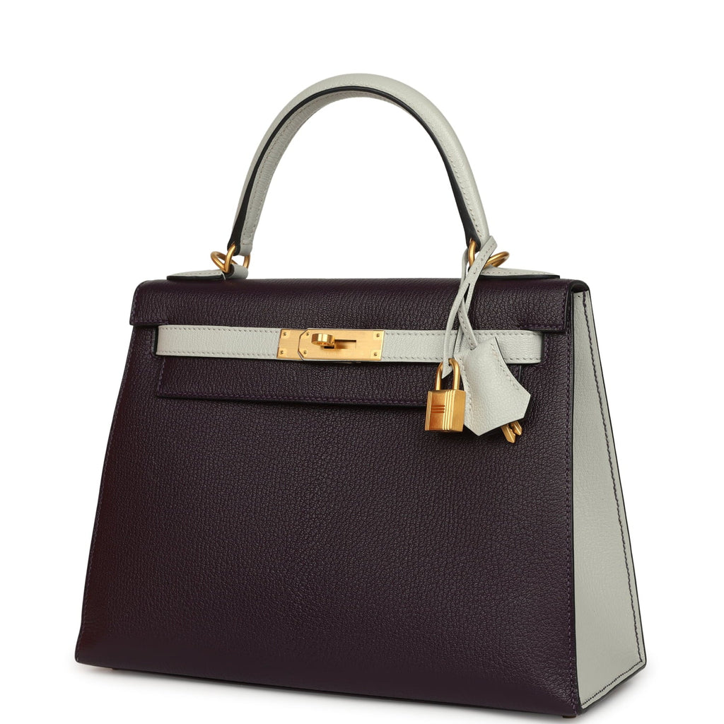 Pre-owned Hermes Special Order (HSS) Kelly Sellier 28 Raisin and Gris Perle Chevre Brushed Gold Hardware