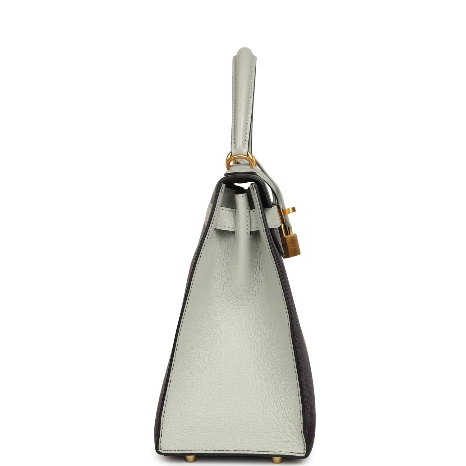 Pre-owned Hermes Special Order (HSS) Kelly Sellier 28 Raisin and Gris Perle Chevre Brushed Gold Hardware