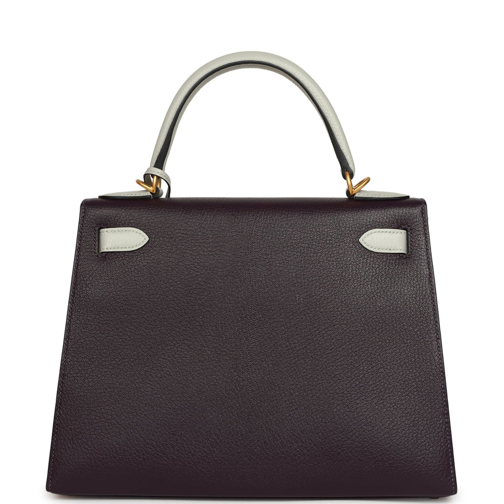 Pre-owned Hermes Special Order (HSS) Kelly Sellier 28 Raisin and Gris Perle Chevre Brushed Gold Hardware
