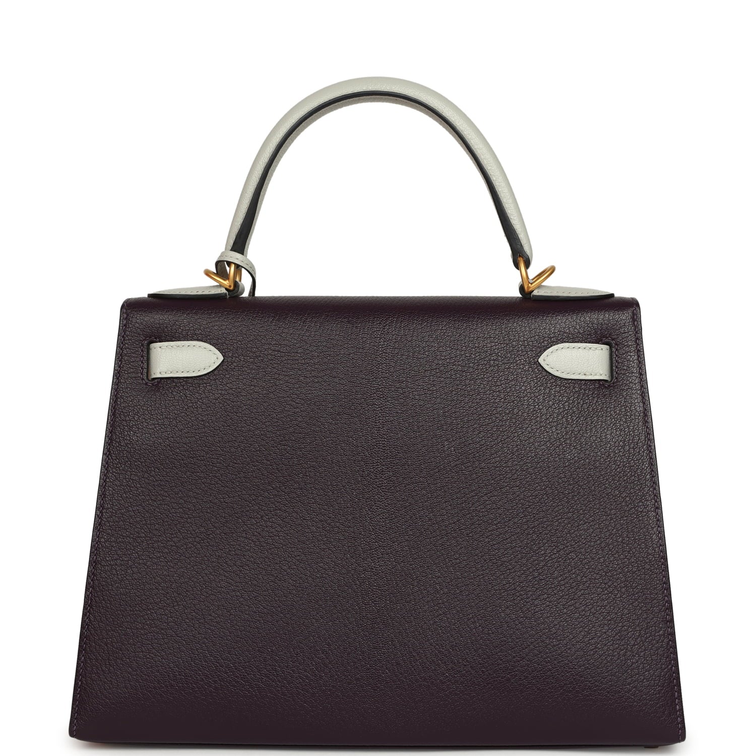 Pre-owned Hermes Special Order (HSS) Kelly Sellier 28 Raisin and Gris Perle Chevre Brushed Gold Hardware