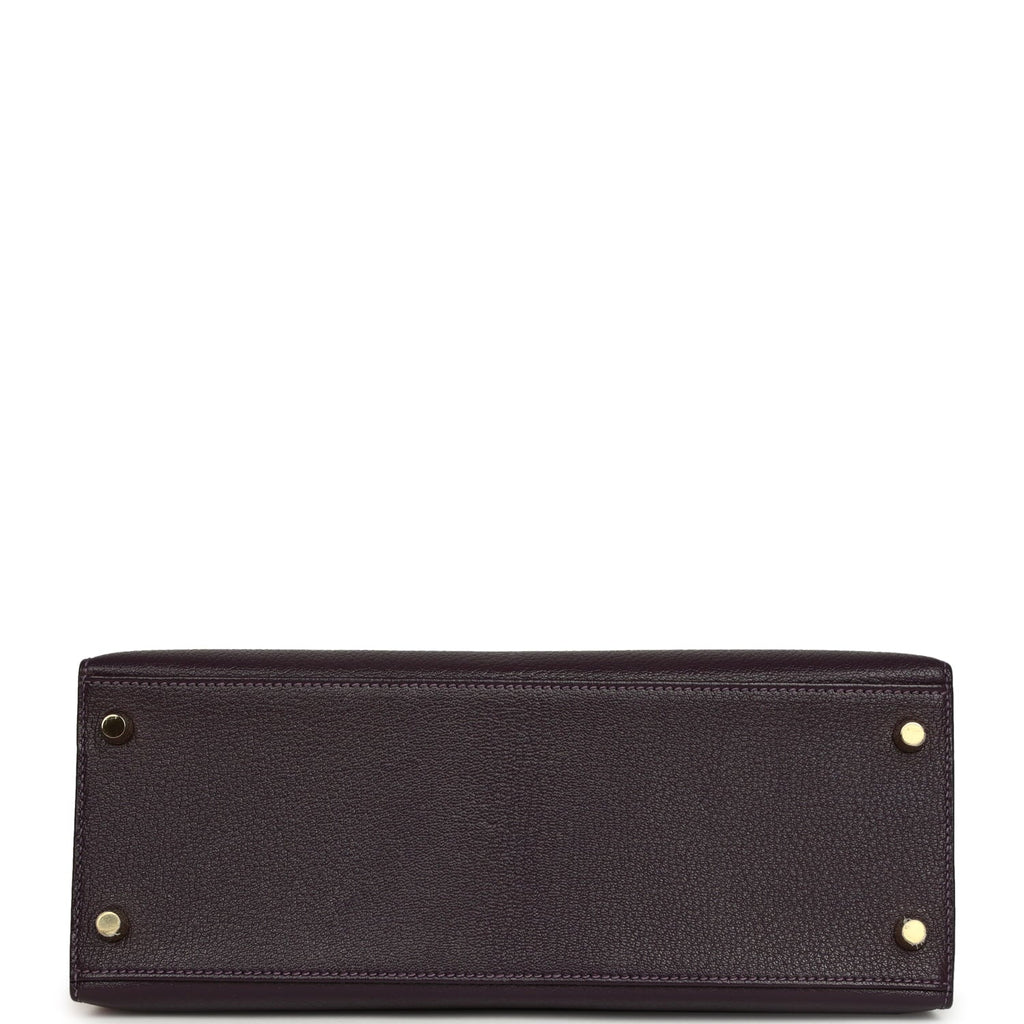 Pre-owned Hermes Special Order (HSS) Kelly Sellier 28 Raisin and Gris Perle Chevre Brushed Gold Hardware
