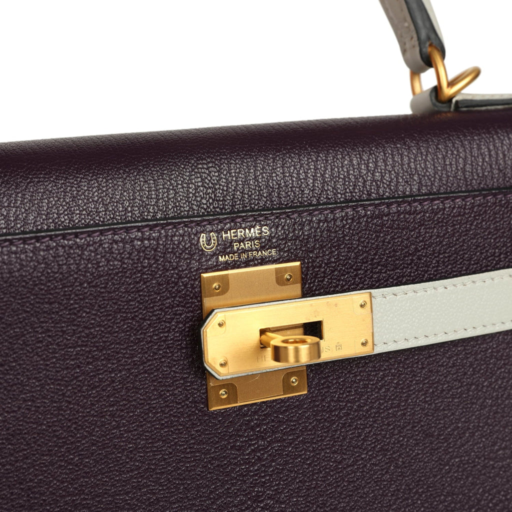 Pre-owned Hermes Special Order (HSS) Kelly Sellier 28 Raisin and Gris Perle Chevre Brushed Gold Hardware
