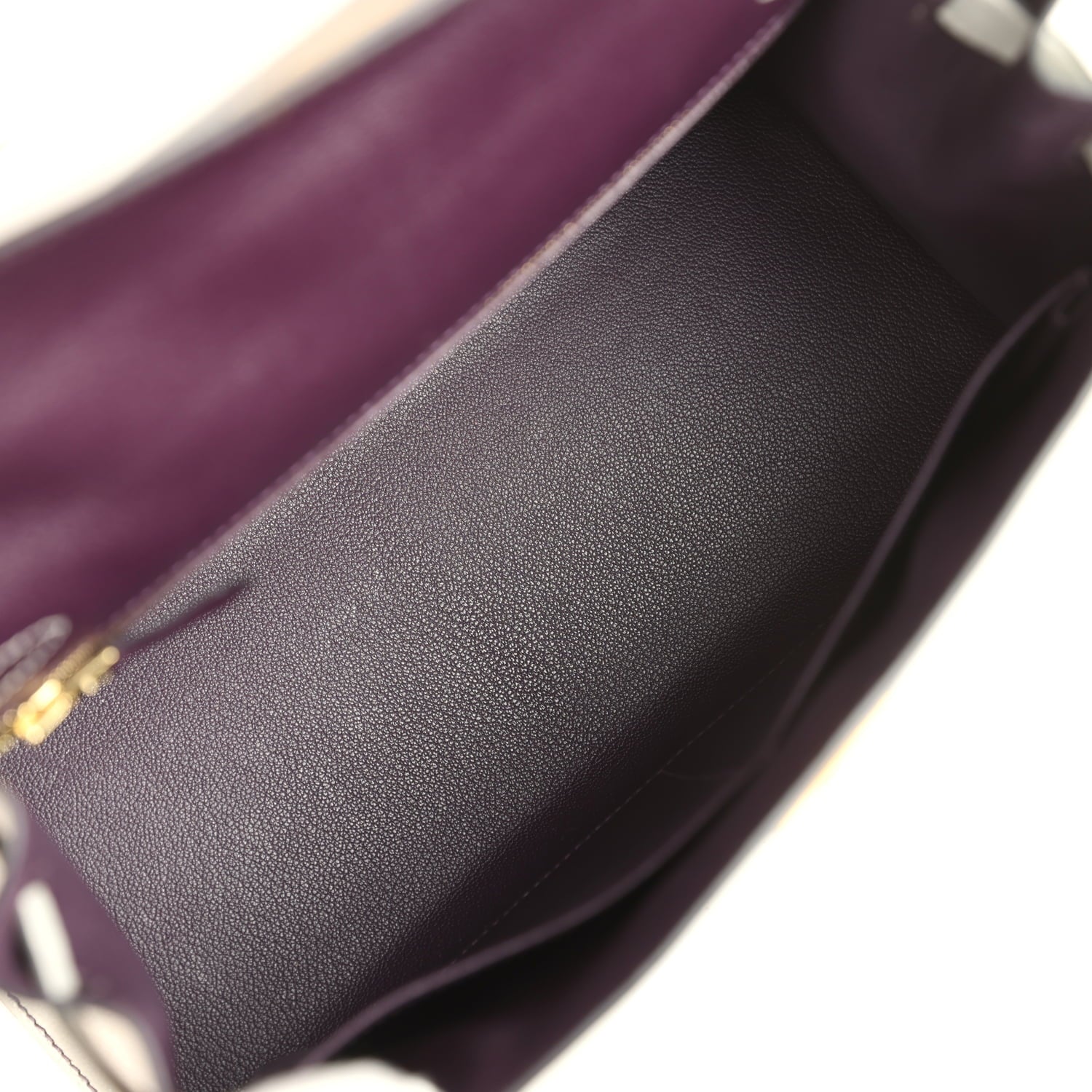 Pre-owned Hermes Special Order (HSS) Kelly Sellier 28 Raisin and Gris Perle Chevre Brushed Gold Hardware