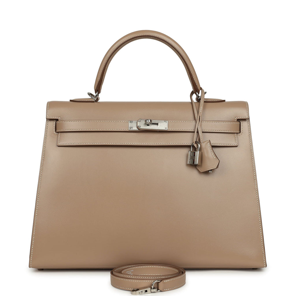 Pre-owned Hermes Kelly Sellier 35 Argile Tadelakt Guilloche Palladium Hardware