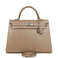 Pre-owned Hermes Kelly Sellier 35 Argile Tadelakt Guilloche Palladium Hardware