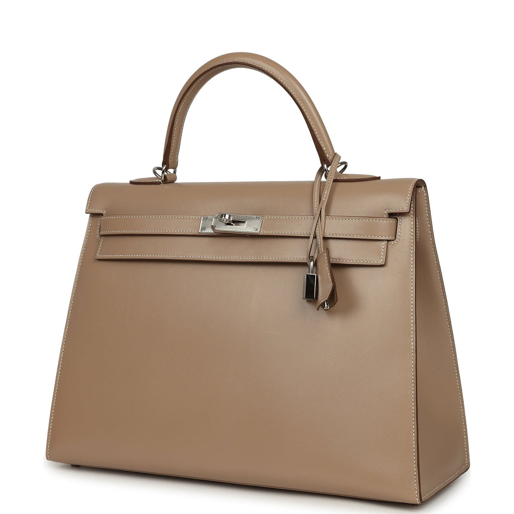 Pre-owned Hermes Kelly Sellier 35 Argile Tadelakt Guilloche Palladium Hardware