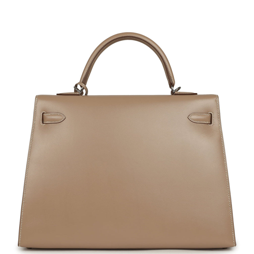 Pre-owned Hermes Kelly Sellier 35 Argile Tadelakt Guilloche Palladium Hardware