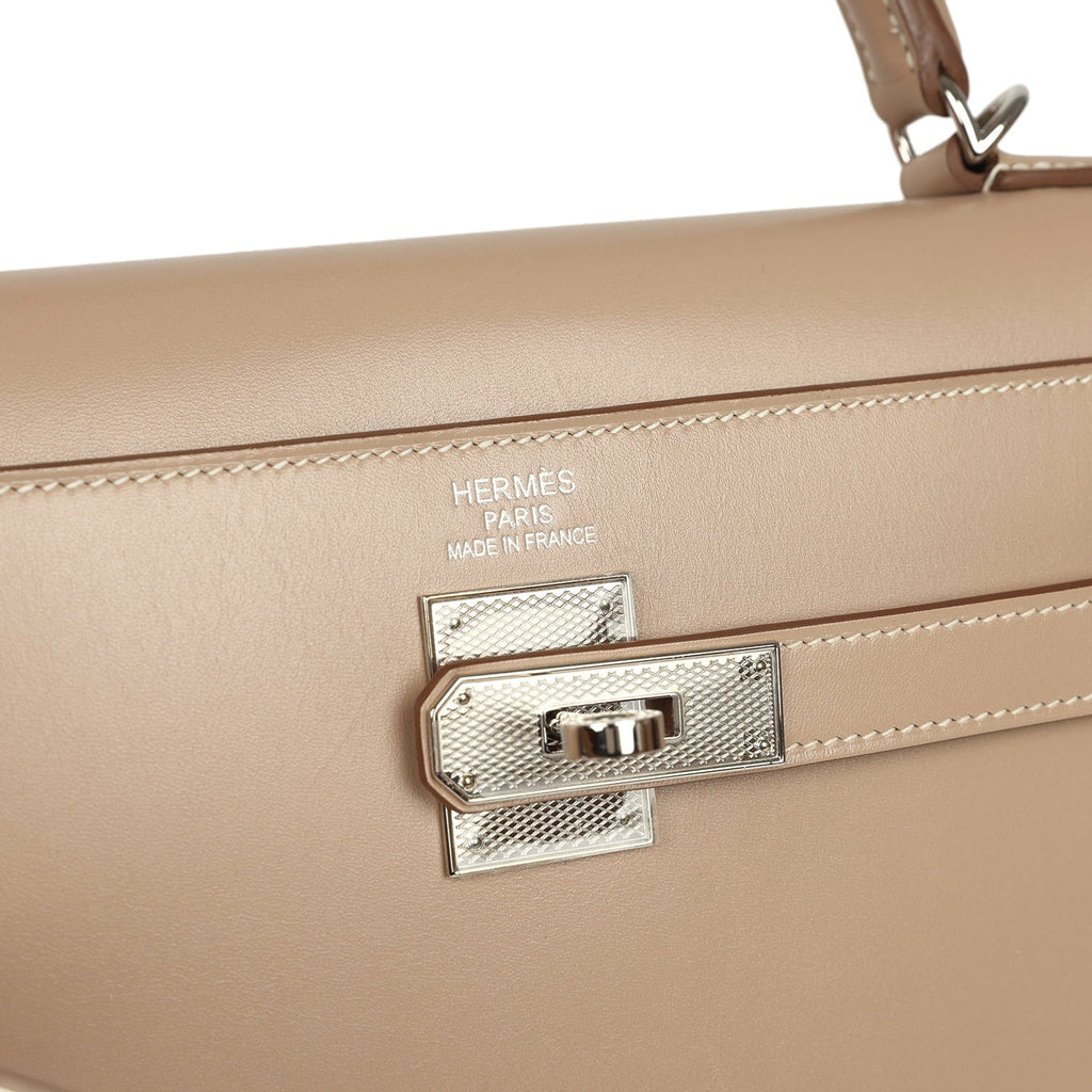 Pre-owned Hermes Kelly Sellier 35 Argile Tadelakt Guilloche Palladium Hardware