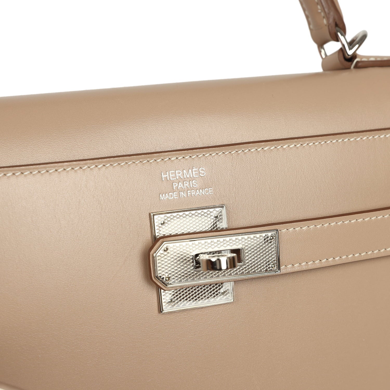 Pre-owned Hermes Kelly Sellier 35 Argile Tadelakt Guilloche Palladium Hardware