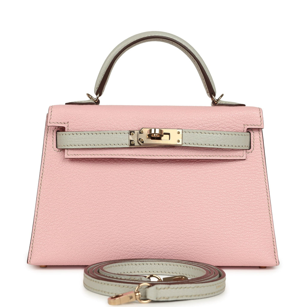 Pre-owned Hermes Special Order (HSS) Kelly Sellier 20 Rose Sakura and Gris Perle Chevre Mysore Permabrass Hardware