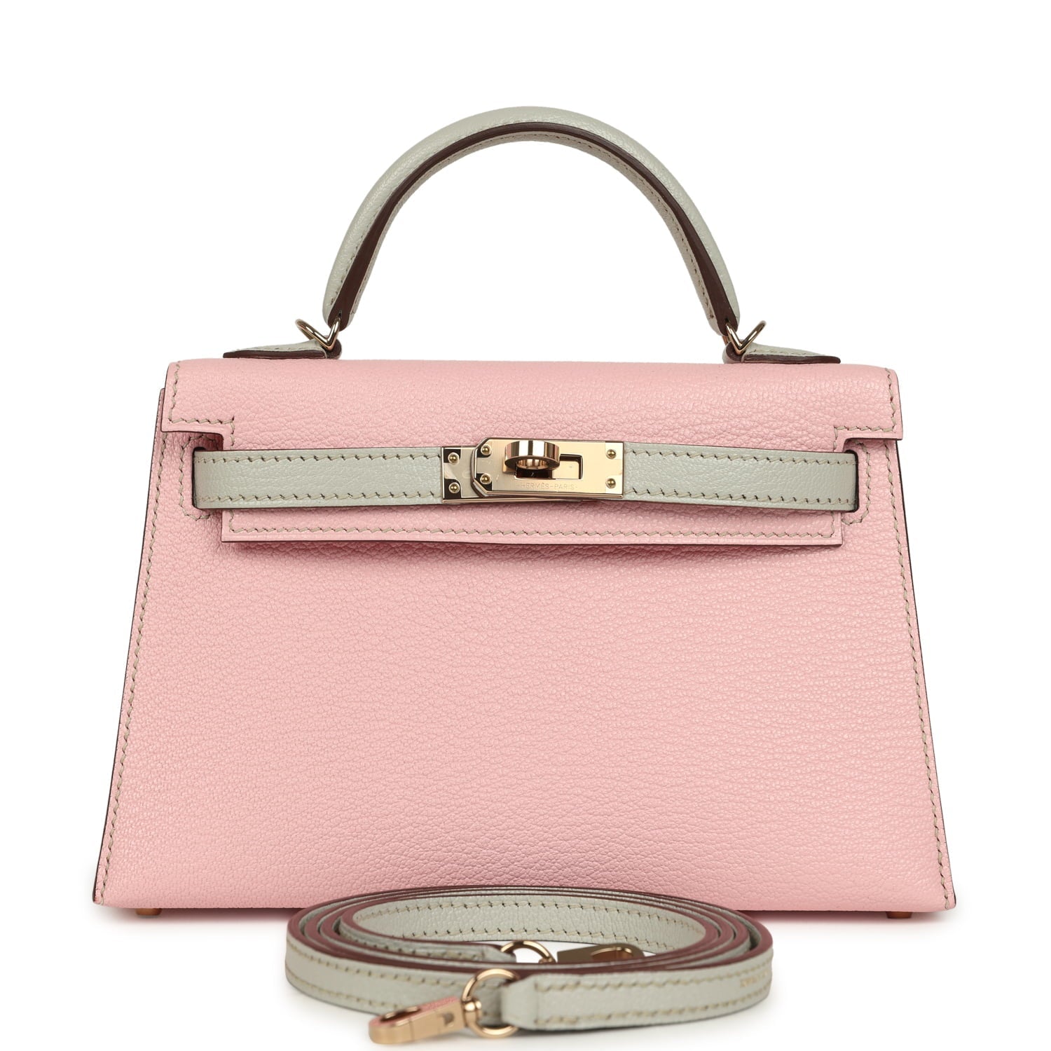 Pre-owned Hermes Special Order (HSS) Kelly Sellier 20 Rose Sakura and Gris Perle Chevre Mysore Permabrass Hardware