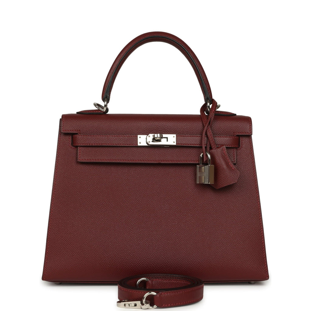 Pre-owned Hermes Kelly Sellier 25 Rouge H Epsom Palladium Hardware