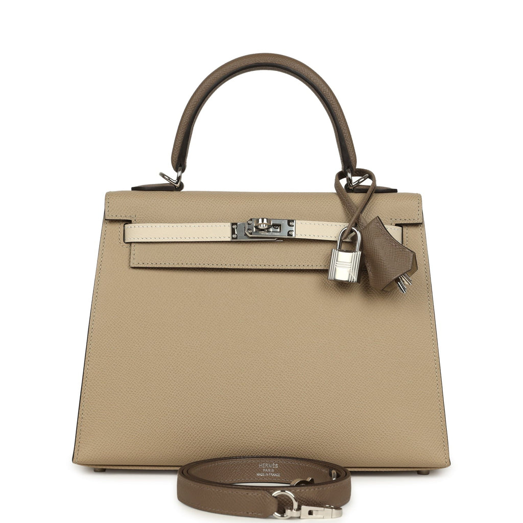 Pre-owned Hermes Kelly Sellier 25 Tri-Color Etoupe, Craie, Trench Epsom Palladium Hardware