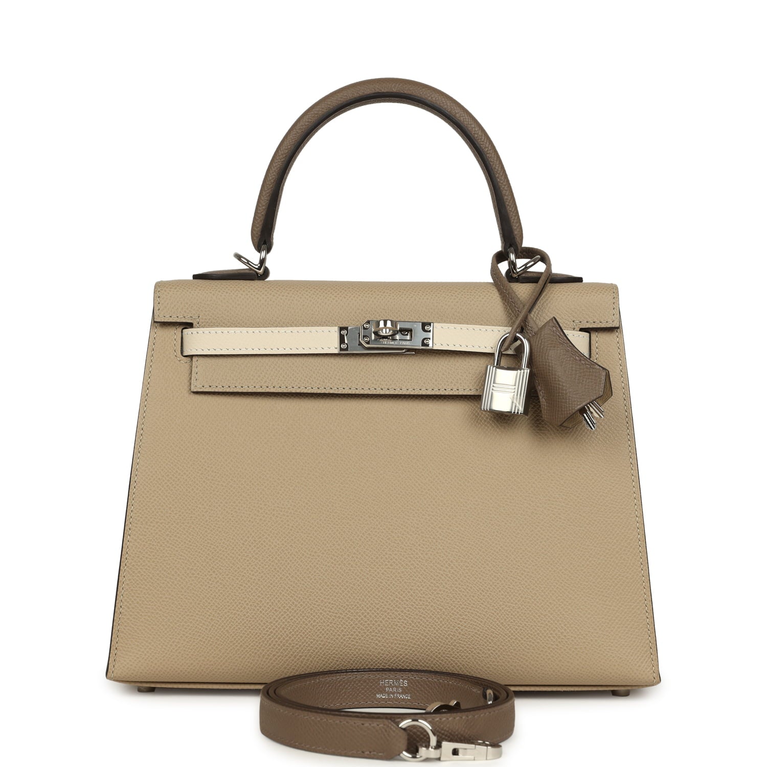Pre-owned Hermes Kelly Sellier 25 Tri-Color Etoupe, Craie, Trench Epsom Palladium Hardware
