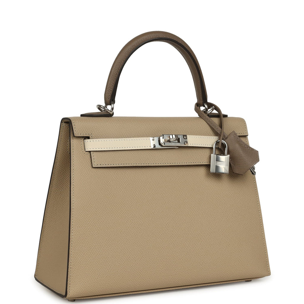 Pre-owned Hermes Kelly Sellier 25 Tri-Color Etoupe, Craie, Trench Epsom Palladium Hardware