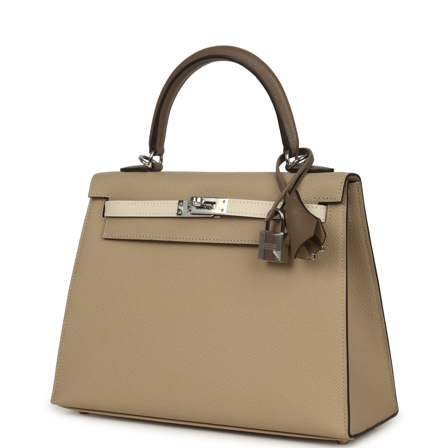 Pre-owned Hermes Kelly Sellier 25 Tri-Color Etoupe, Craie, Trench Epsom Palladium Hardware