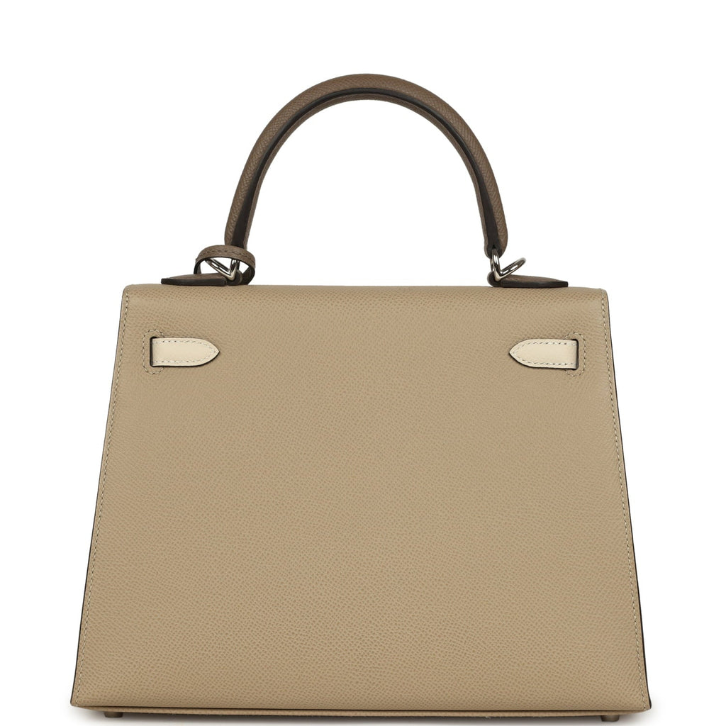 Pre-owned Hermes Kelly Sellier 25 Tri-Color Etoupe, Craie, Trench Epsom Palladium Hardware