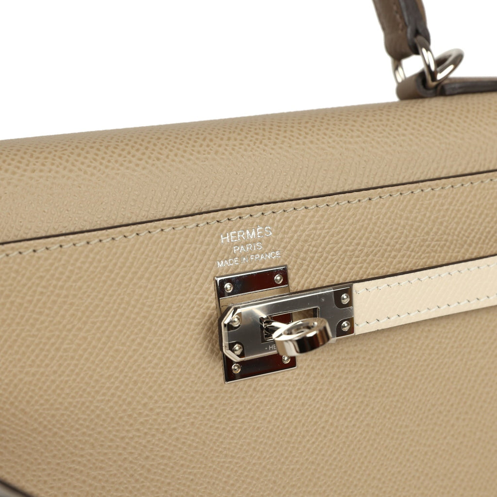 Pre-owned Hermes Kelly Sellier 25 Tri-Color Etoupe, Craie, Trench Epsom Palladium Hardware