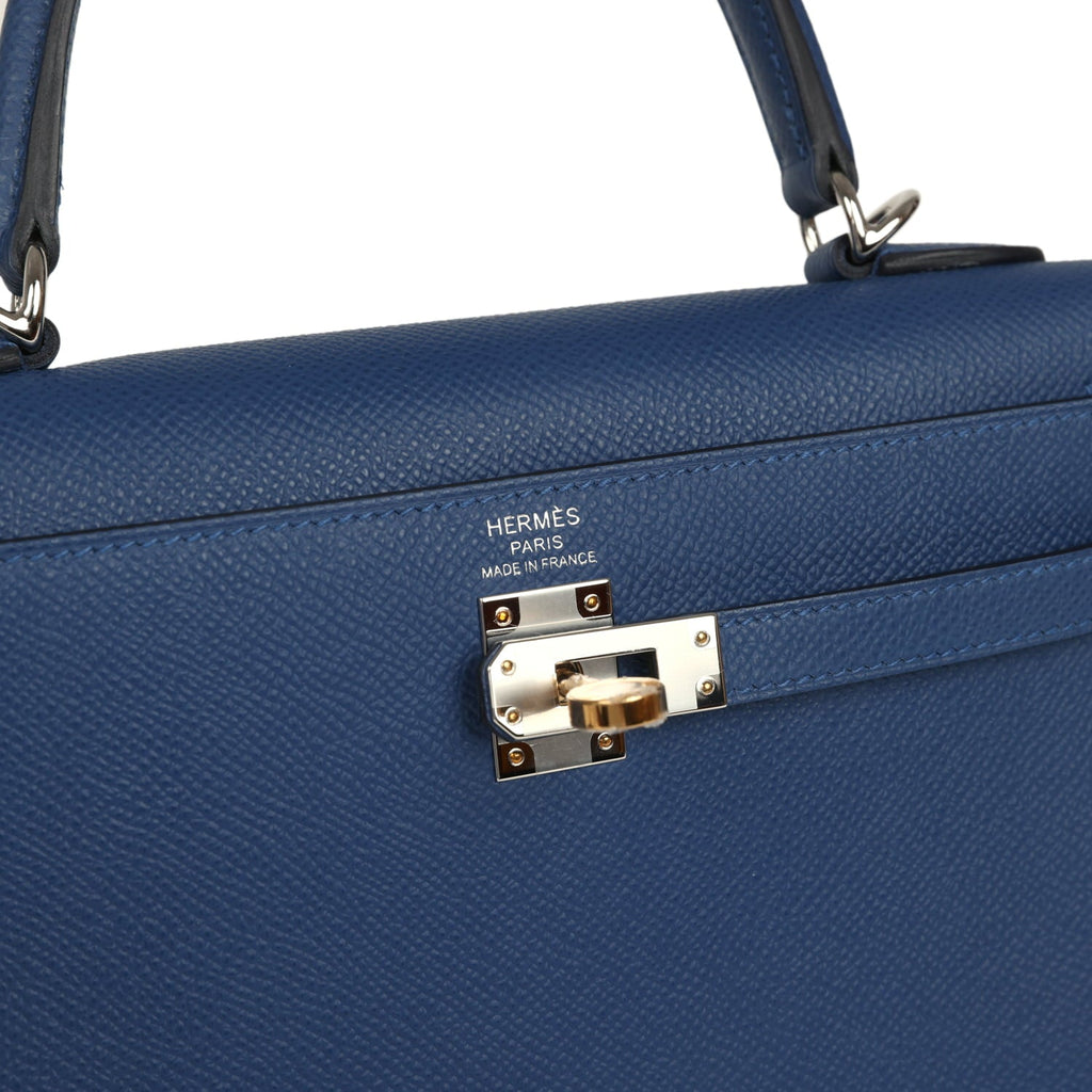 Hermes Kelly Sellier 25 Bleu Tie Epsom Electrum Hardware