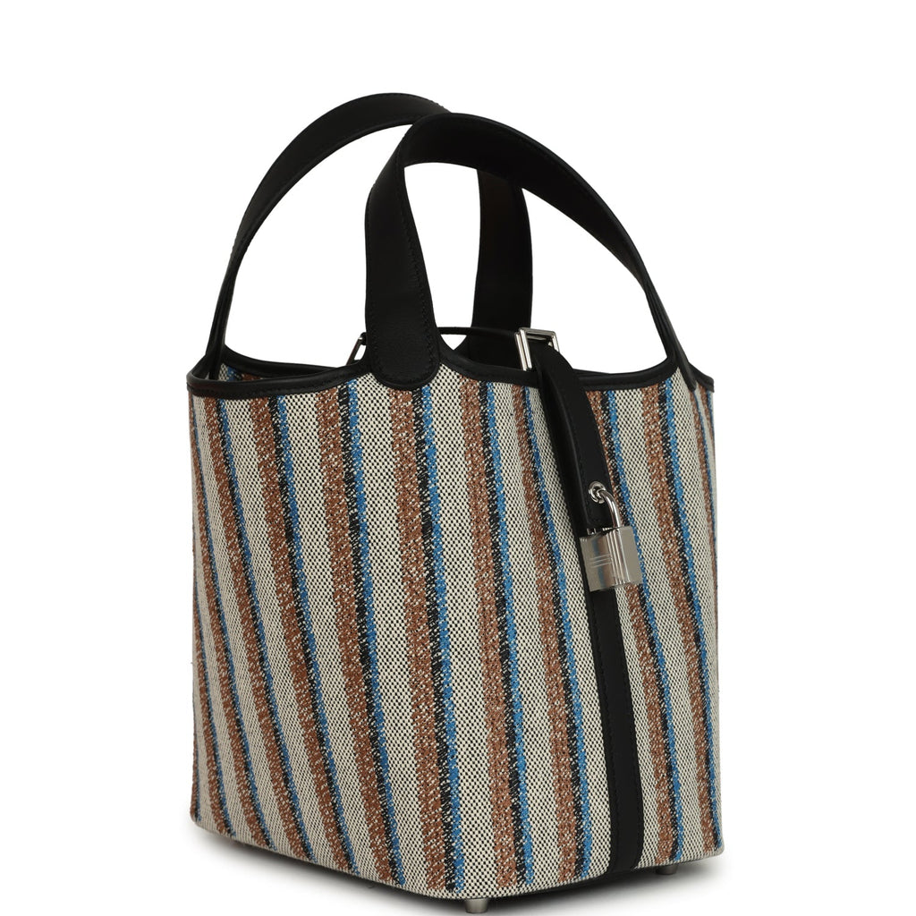 Hermes Stripe Picotin Lock 18 Black Swift and Ecru, Bleu, Black and Fauve Toile H Canvas Palladium Hardware