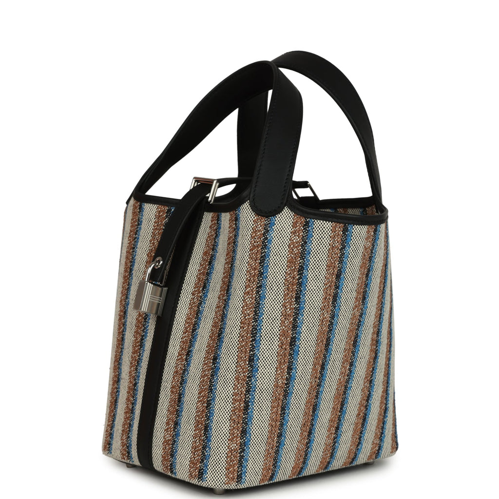 Hermes Stripe Picotin Lock 18 Black Swift and Ecru, Bleu, Black and Fauve Toile H Canvas Palladium Hardware