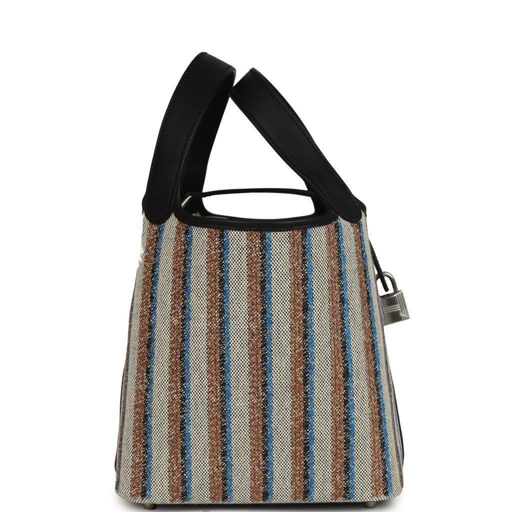 Hermes Stripe Picotin Lock 18 Black Swift and Ecru, Bleu, Black and Fauve Toile H Canvas Palladium Hardware