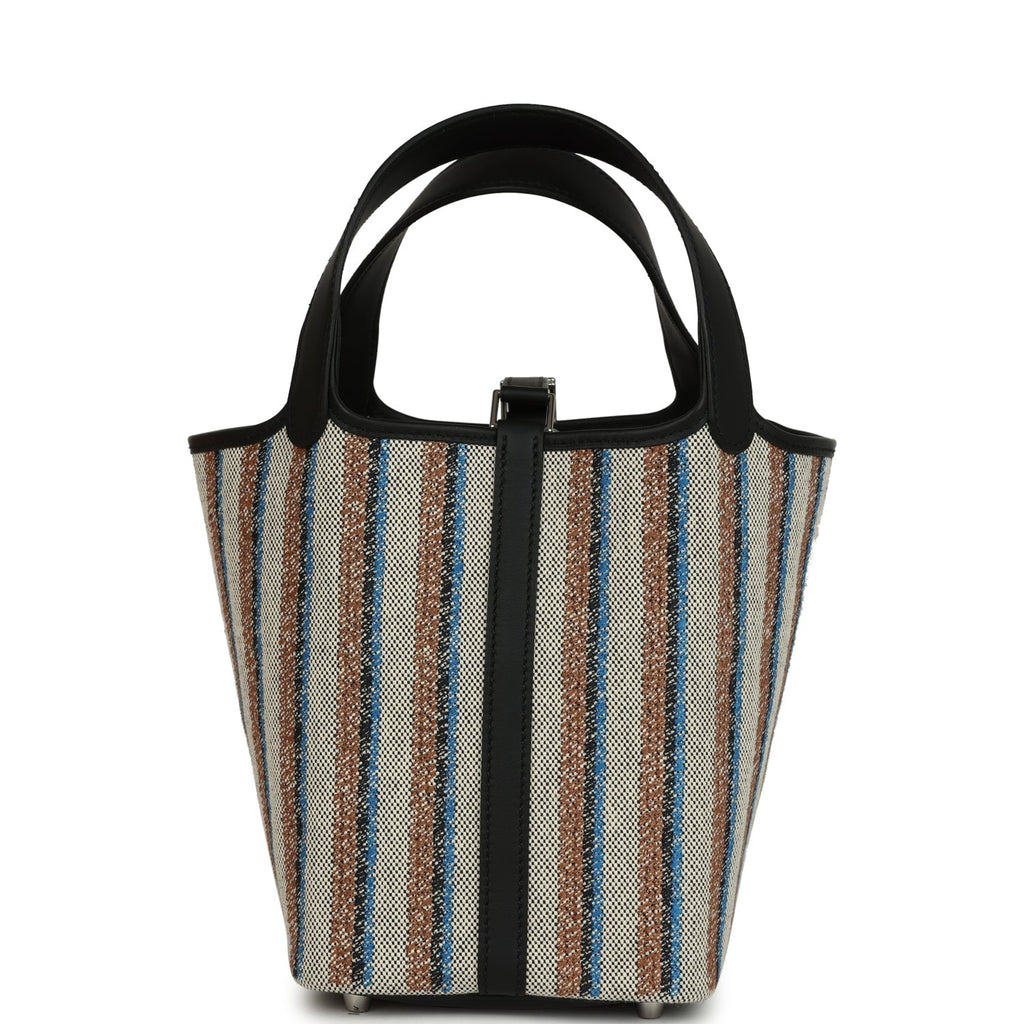 Hermes Stripe Picotin Lock 18 Black Swift and Ecru, Bleu, Black and Fauve Toile H Canvas Palladium Hardware
