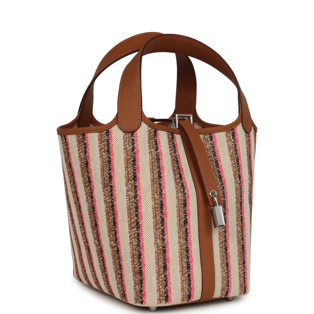 Hermes Stripe Picotin Lock 18 Gold Swift and Ecru-Beige, Rose Pop, Black and Fauve Toile H Canvas Palladium Hardware