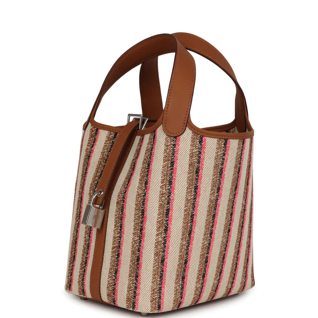 Hermes Stripe Picotin Lock 18 Gold Swift and Ecru-Beige, Rose Pop, Black and Fauve Toile H Canvas Palladium Hardware