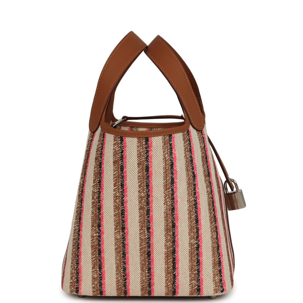 Hermes Stripe Picotin Lock 18 Gold Swift and Ecru-Beige, Rose Pop, Black and Fauve Toile H Canvas Palladium Hardware