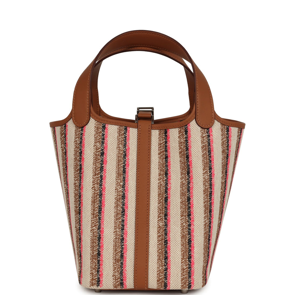 Hermes Stripe Picotin Lock 18 Gold Swift and Ecru-Beige, Rose Pop, Black and Fauve Toile H Canvas Palladium Hardware