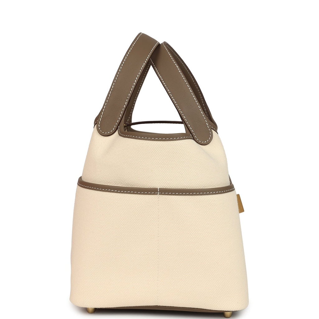 Hermes Picotin Cargo 18 Ecru Toile Canvas and Etoupe Swift Gold Hardware