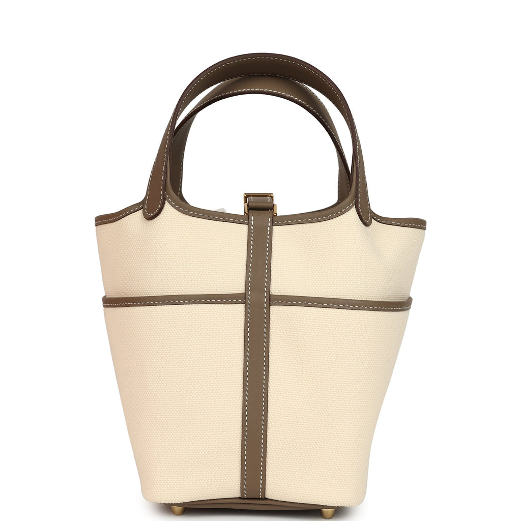 Hermes Picotin Cargo 18 Ecru Toile Canvas and Etoupe Swift Gold Hardware