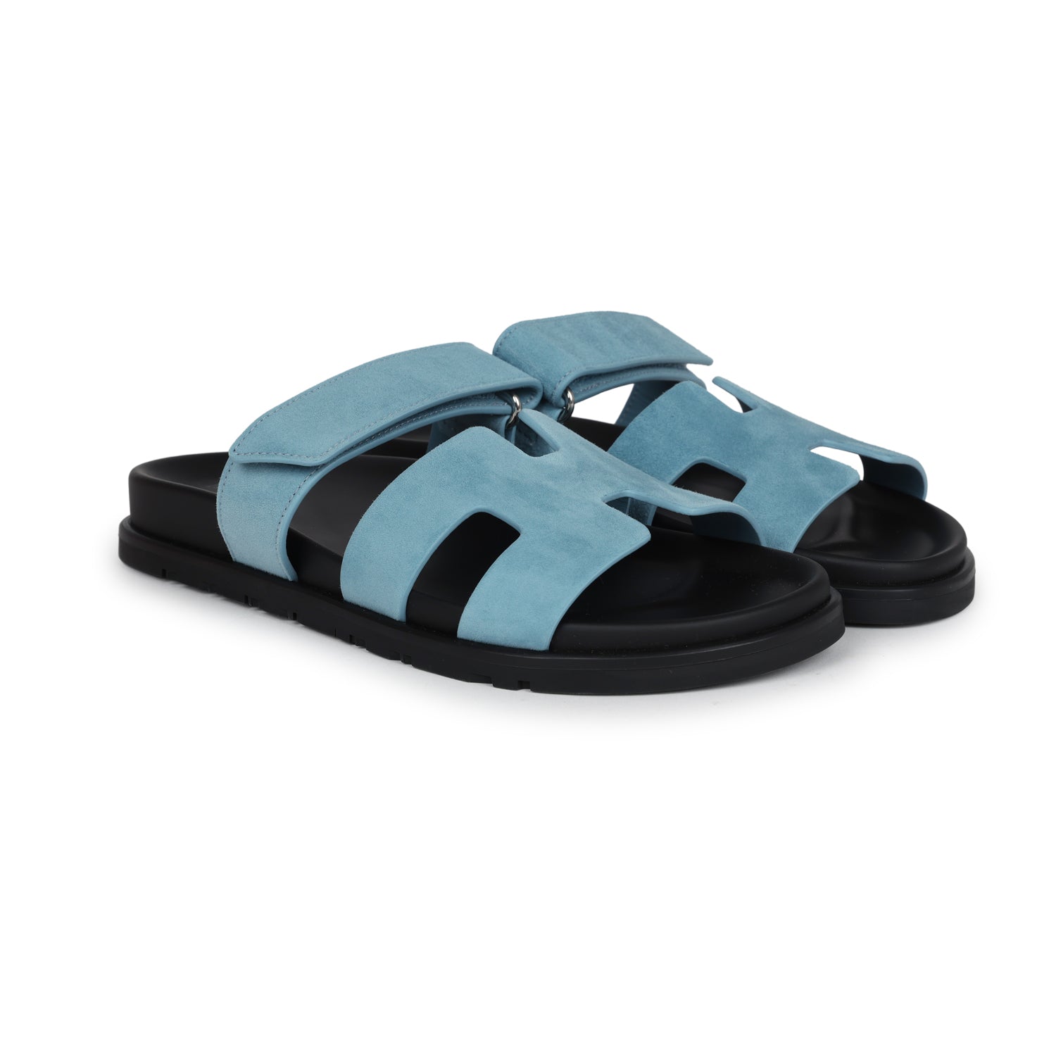 Hermes Chypre Techno Sandals Bleu Mineral Suede Palladium Hardware 37 EU